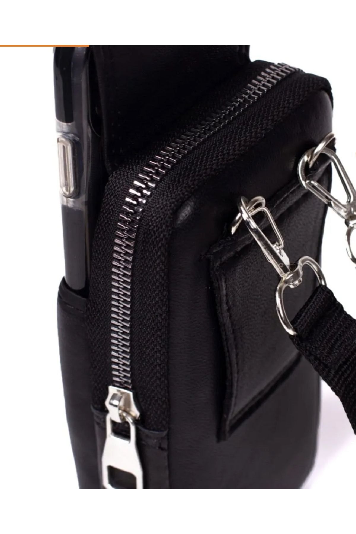 fawori deri  Hakiki Deri Telefon Bölmeli,Omuz Askılı Çanta ve Kemerlik Mıknatıslı Kapak-Siyah - Görsel 4