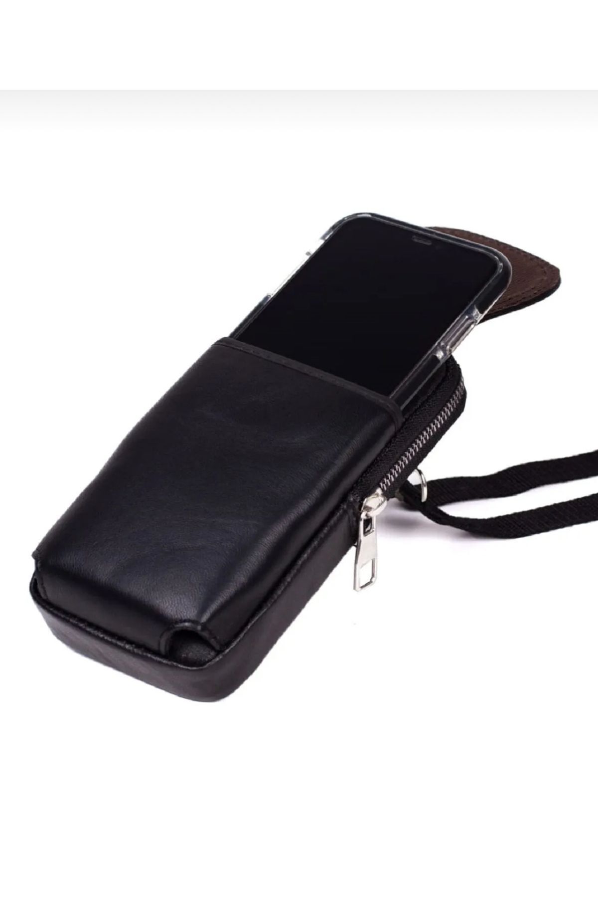 fawori deri  Hakiki Deri Telefon Bölmeli,Omuz Askılı Çanta ve Kemerlik Mıknatıslı Kapak-Siyah - Görsel 3