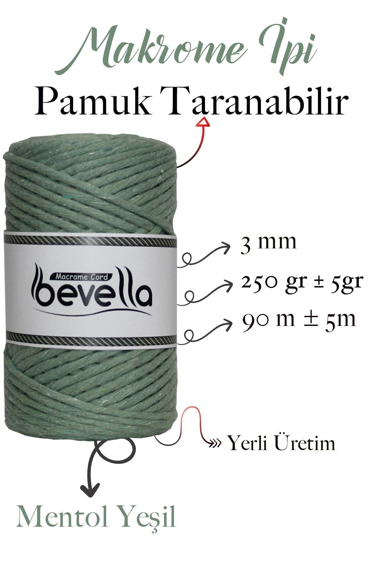 Bevella Macrame Cord-خيط مكرامية تاران 3 مم من القطن القابل للتشابك، خيط مكرامية فردي باللون الأخضر المنثول 2