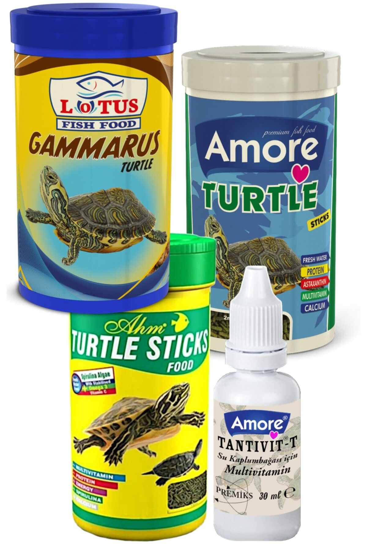 AMORE Gammarus 250ml, Turtle Calcium Sticks 250ml Amr,AHM Su Kaplumbağası Yüzen Yemi, Multivitamin