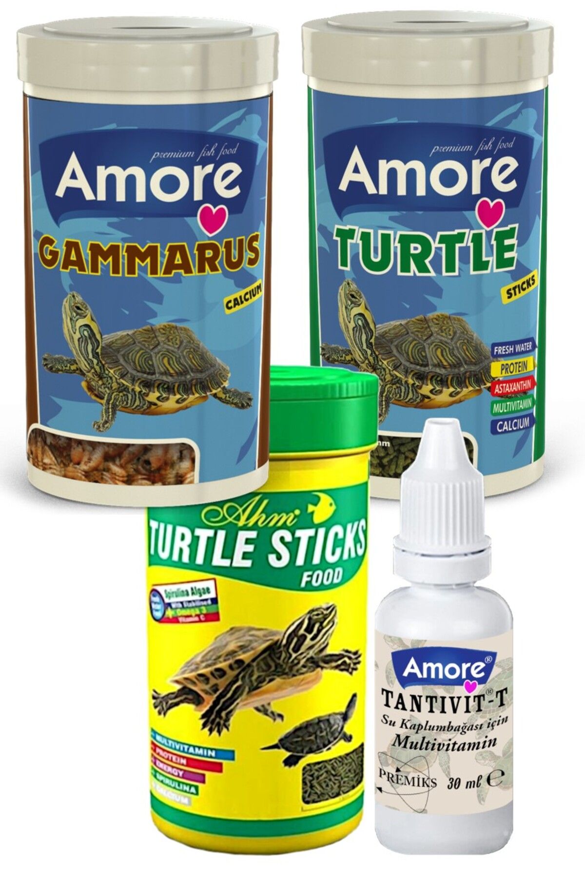 AMORE Gamarus Turtle 250ml, Calcium Sticks 250ml,AHM Su Kaplumbağası Yüzen Yemi, Tantivit-T