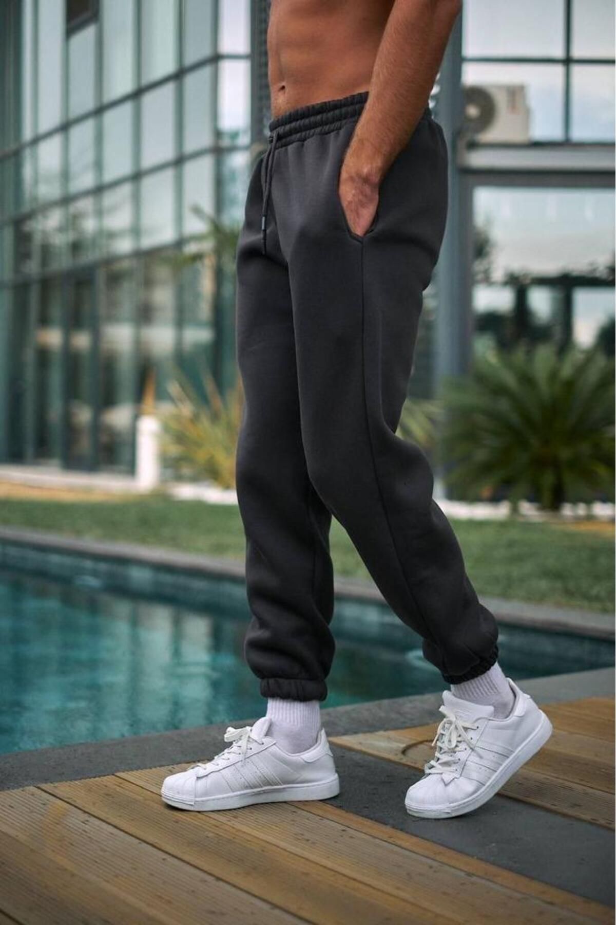 NO 601 Erkek Füme Kışlık Kalın 3 Iplik Şardonlu Lastik Paça Eşofman Altı