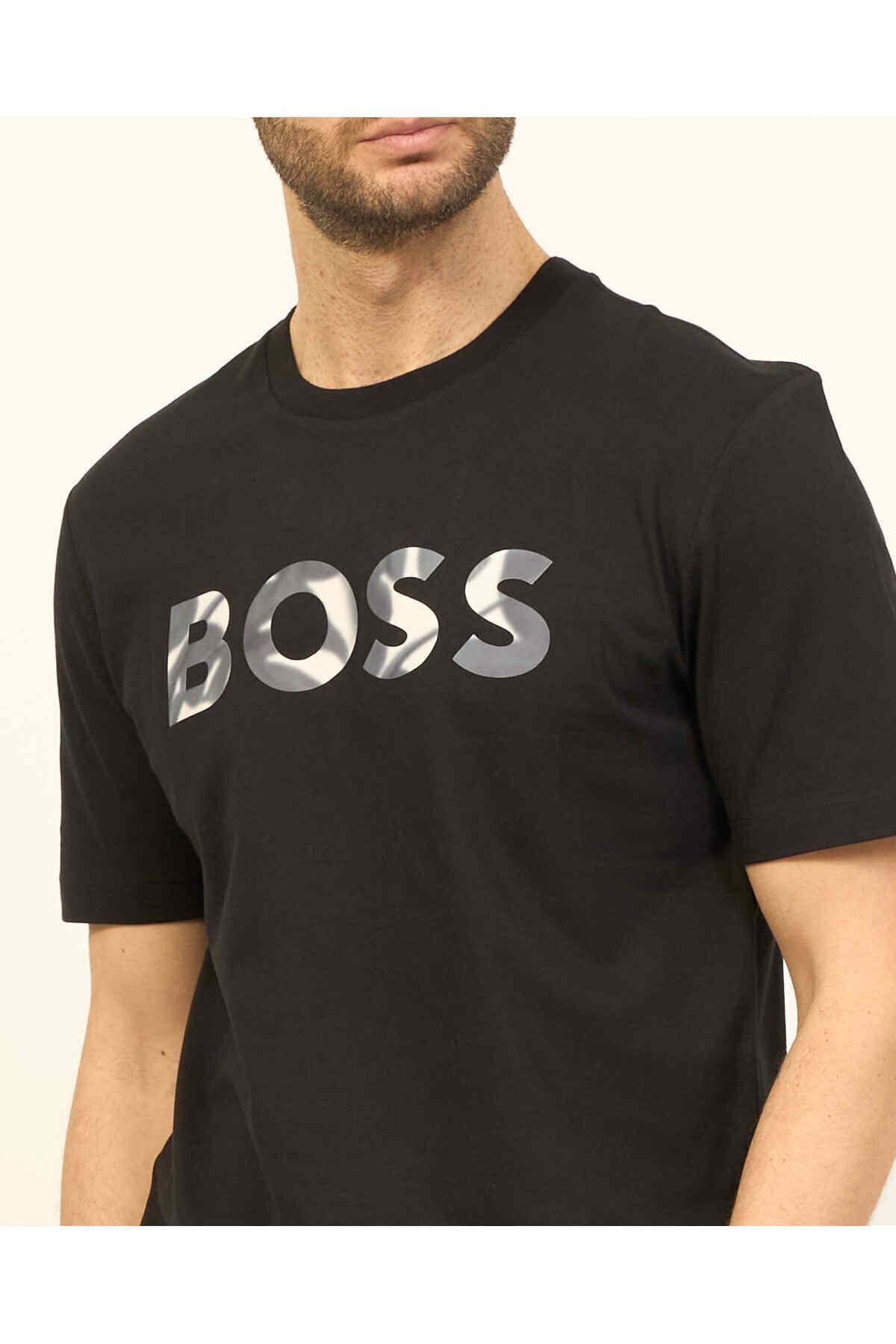 تی شرت مشکی مردانه گردن تختخواب مسطح به طور منظم آستین کوتاه 001 BOSS