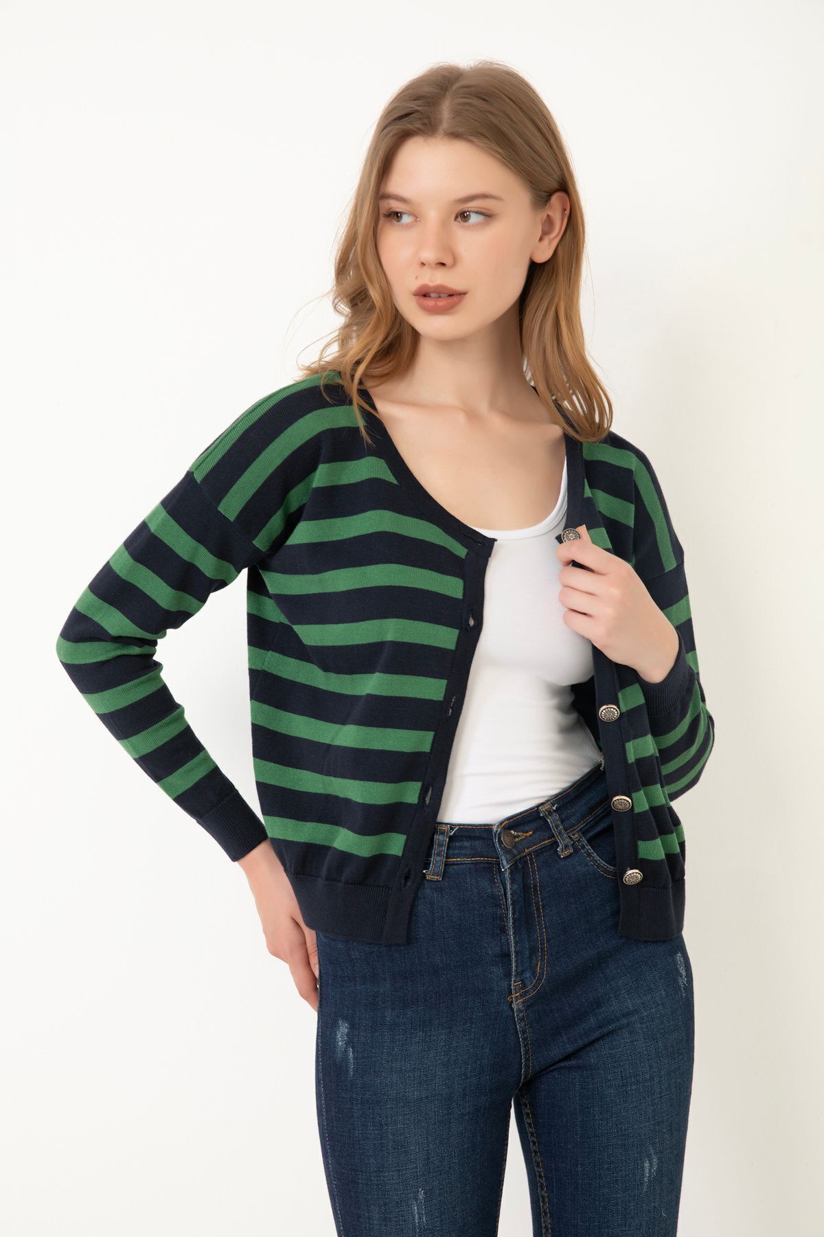 Give Way  Kadın Çizgili Triko Hırka (HEDİYE KUTULU) - Görsel 3