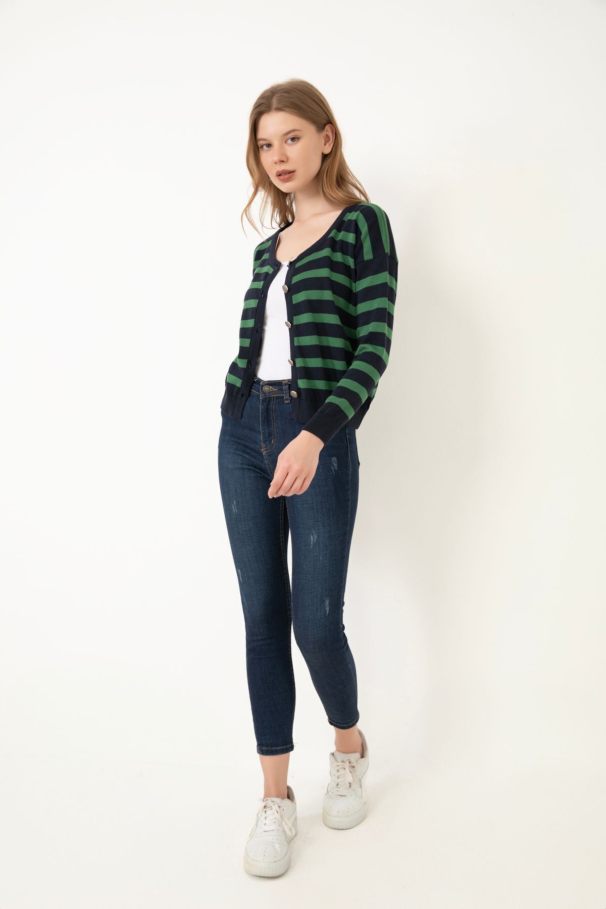 Give Way  Kadın Çizgili Triko Hırka (HEDİYE KUTULU)