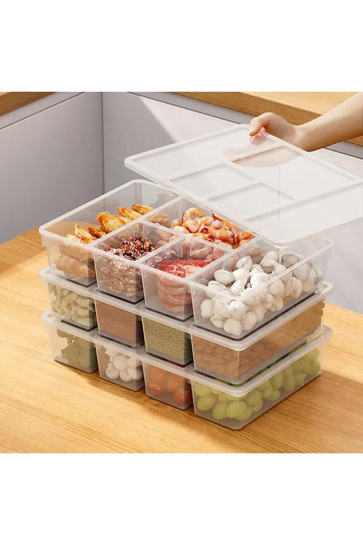 Bayev-4 Pieces Luna 5 Compartment Refrigerator Organizer with Lid Crisper - Meat Fish Vegetable Organizer 4