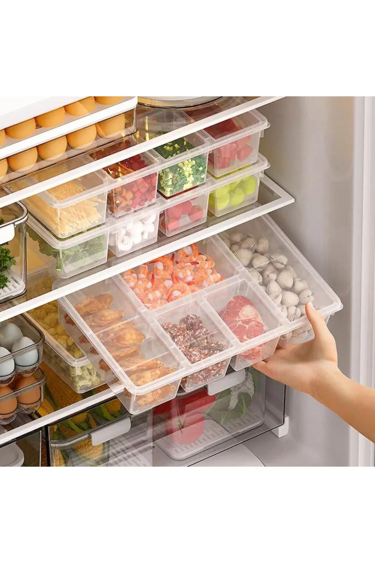 Bayev-4 Pieces Luna 5 Compartment Refrigerator Organizer with Lid Crisper - Meat Fish Vegetable Organizer 3