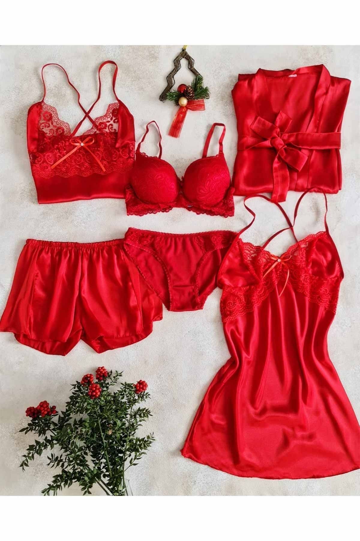 Çeyize dair herşey Kırmızı saten 6 lı çeyiz seti 6571