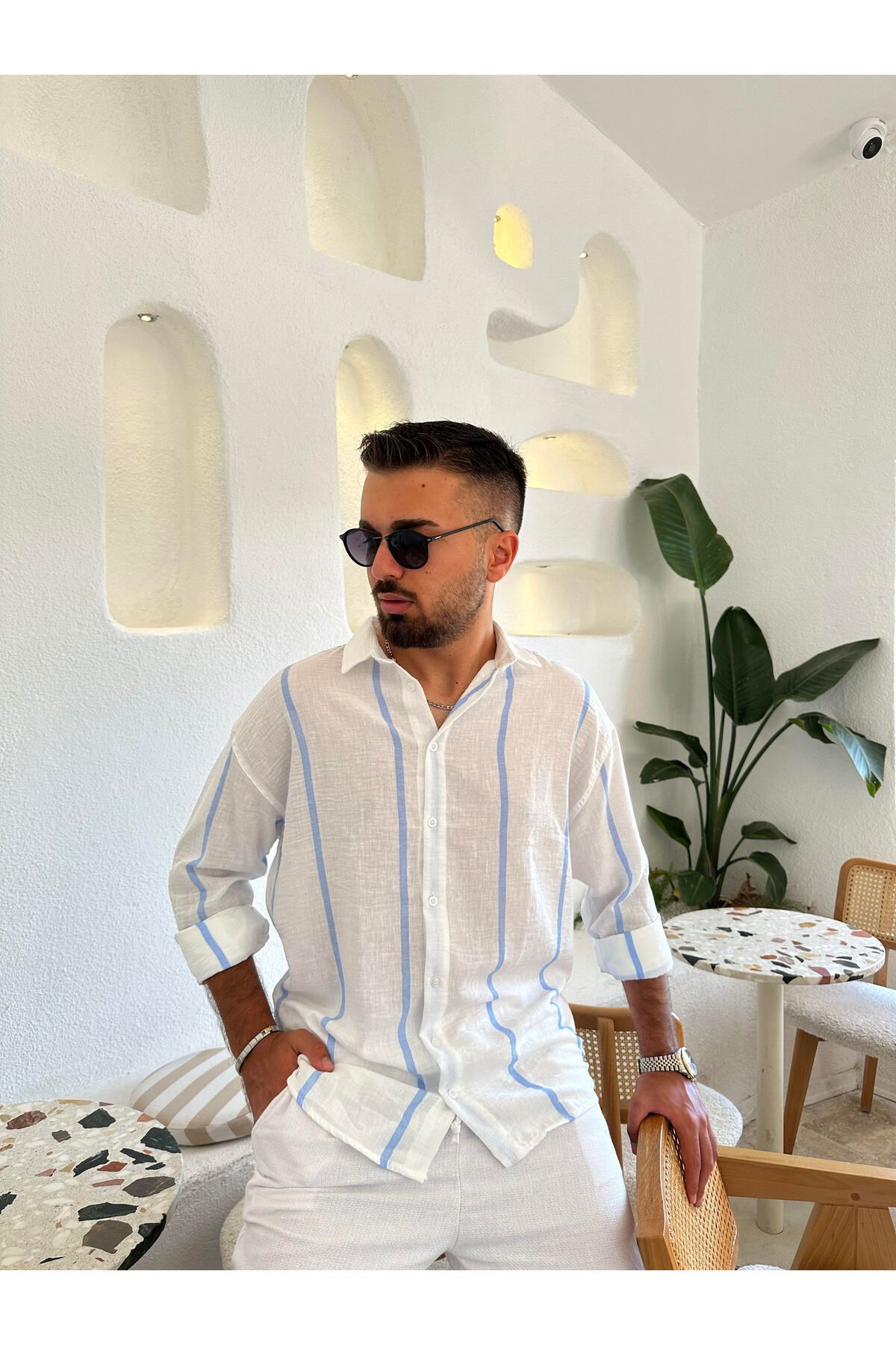 Tarz Cool-قميص رجالي من الكتان - تفاصيل مخططة 3