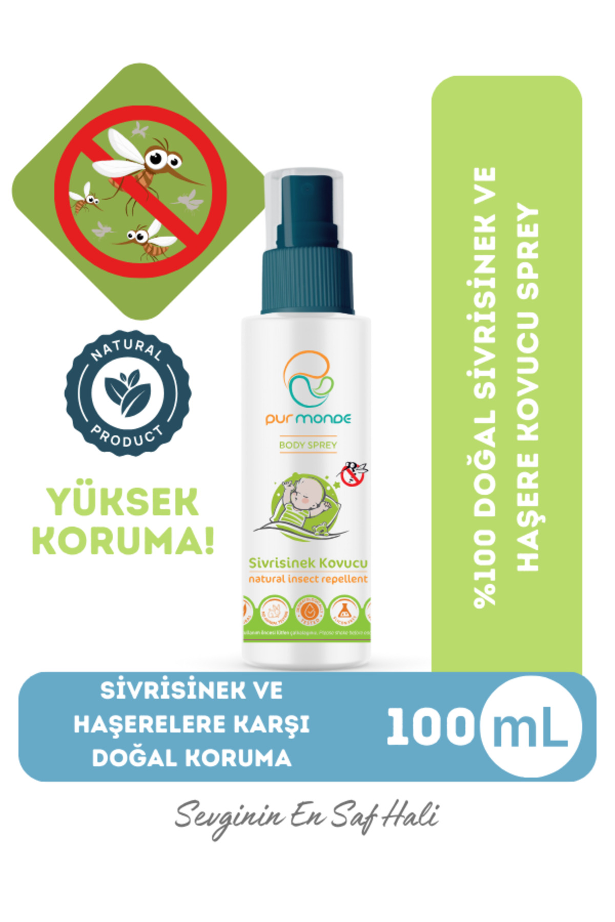 Pur Monde Doğal Sivrisinek ve Haşere Kovucu Sprey, Bitkisel Formül ,Yeni Doğan Bebek ve Çocuk İçin 100ML