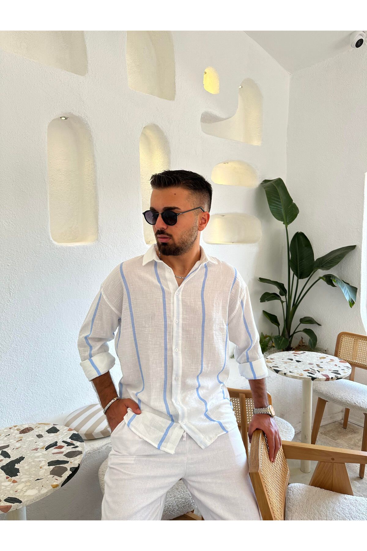 Tarz Cool-قميص رجالي من الكتان - تفاصيل مخططة 1