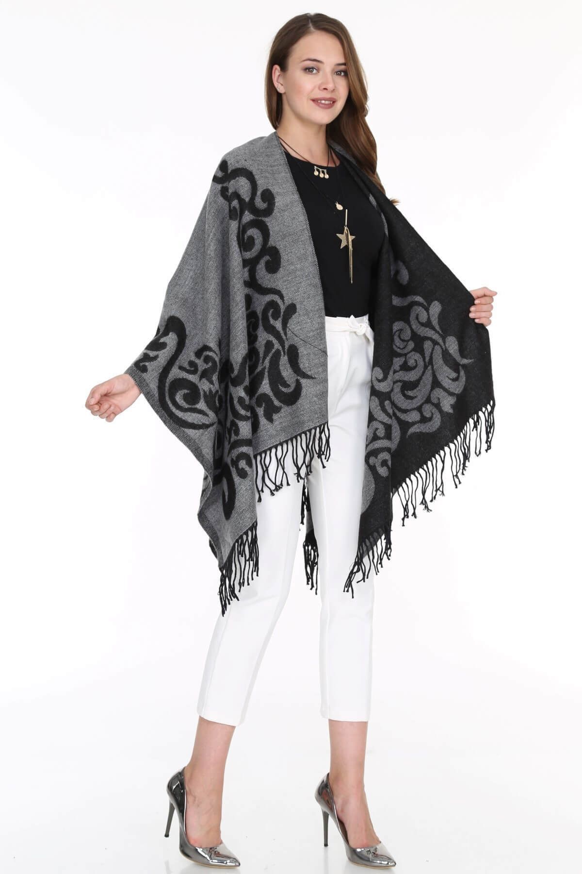 Patiska-Women's Gray Patterned Poncho 1163357 4