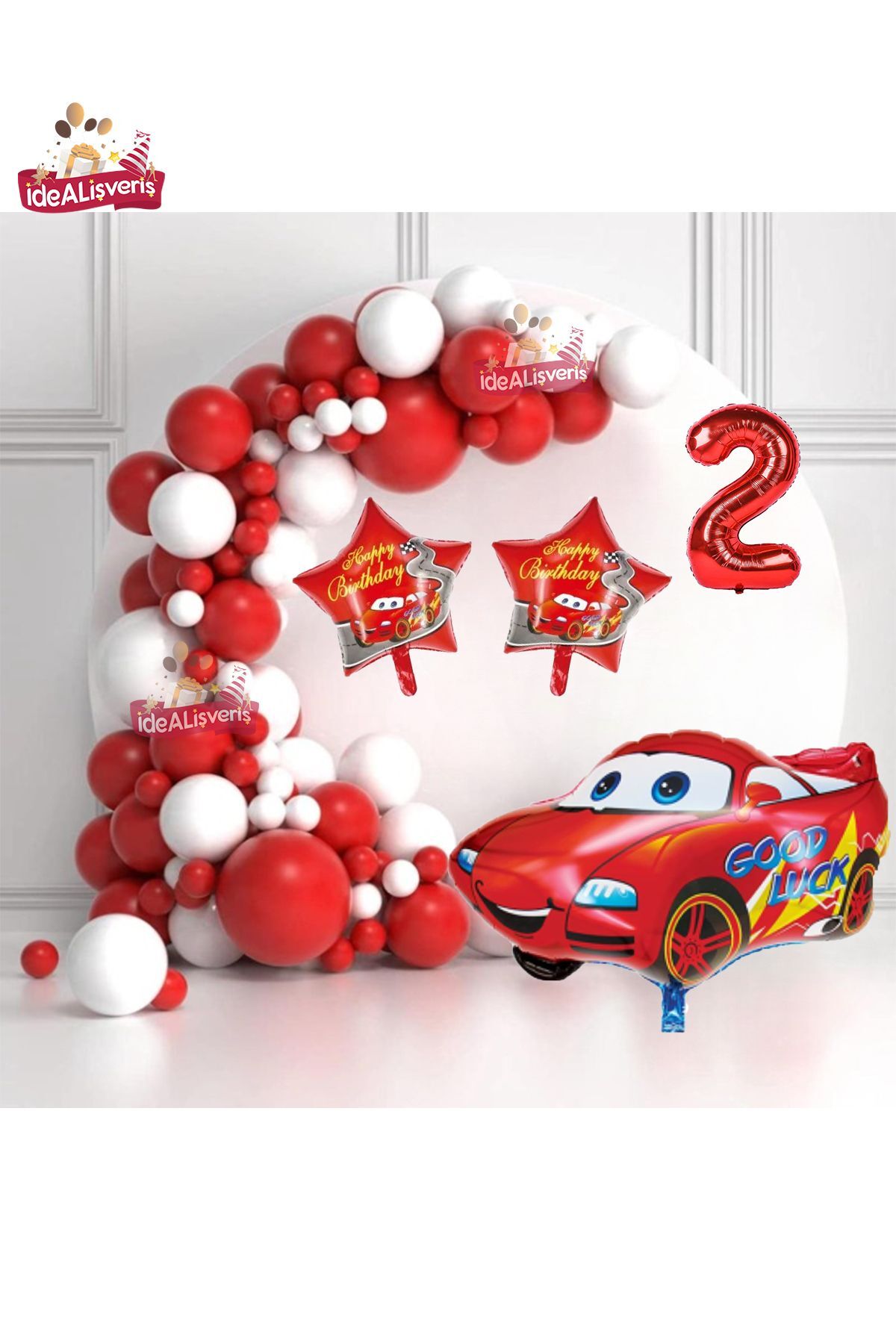 starnewstore Yıldız Araba 2 Yaş Folyo Balonlu Kırmızı Beyaz Konsept Doğum Günü Parti Seti  99