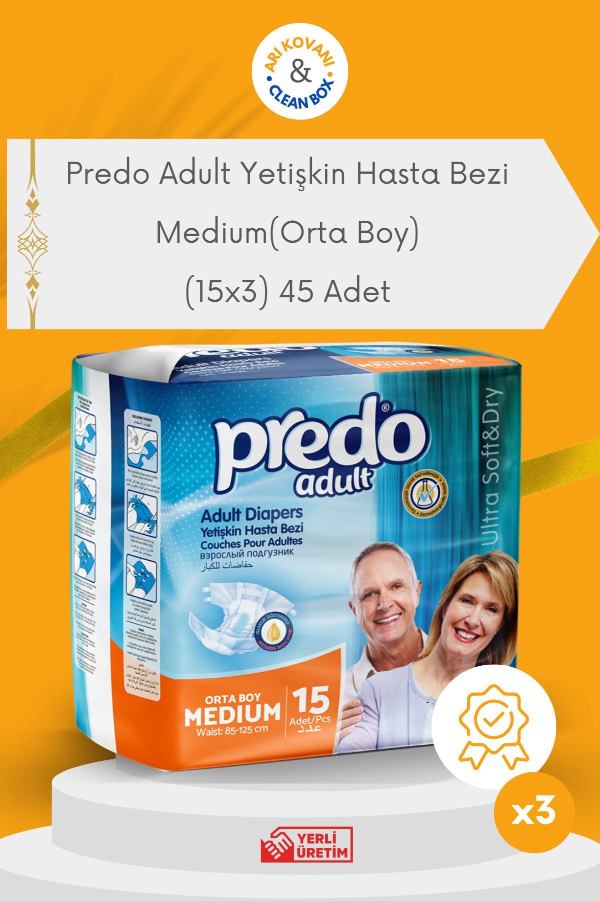 PREDO Adult Yetişkin Hasta Bezi Medium(Orta Boy) (15x3) 45 Adet
