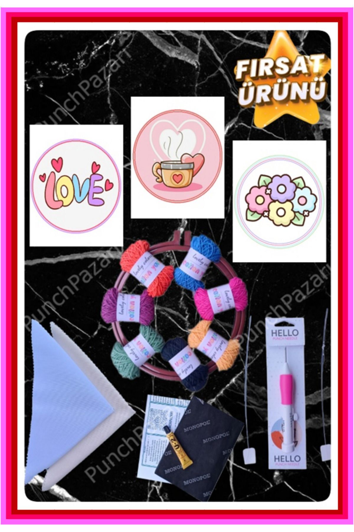 Punchpazarı Punch Deneme Seti 7 Ip Ilk Deneme Punch Nakış Seti Kiti Hobi Punch Nakışlı Kırlent Seti Set Kit