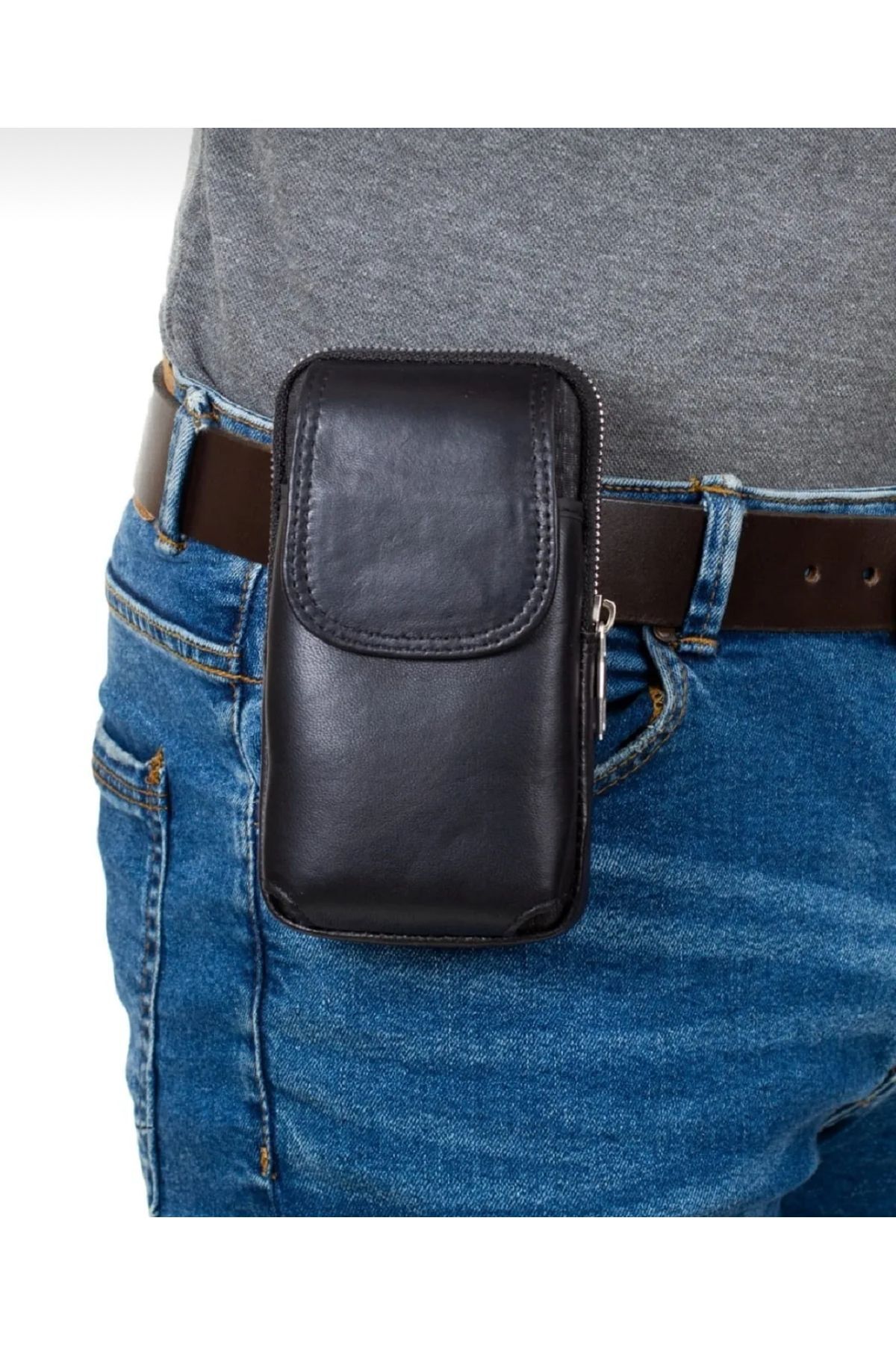 fawori deri  Hakiki Deri Telefon Bölmeli,Omuz Askılı Çanta ve Kemerlik Mıknatıslı Kapak-Siyah - Görsel 2