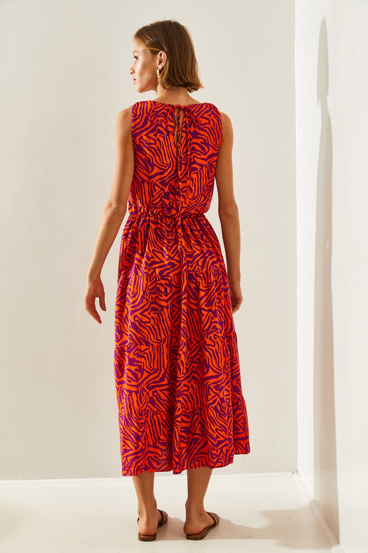 Bianco Lucci-Women's Symmetry Patterned Double Breasted Collar and Rope Tie Dress -60251399 7