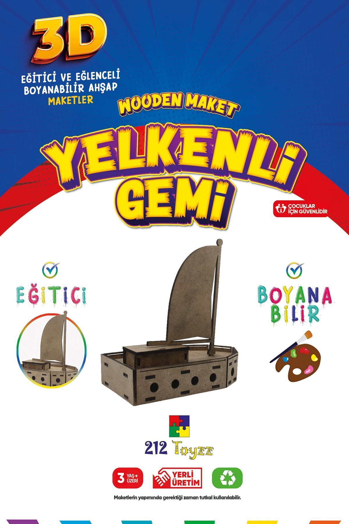 212toyzz-مركب شراعي خشبي قابل للطلاء ثلاثي الأبعاد - نموذج سفينة للأطفال، لعبة تعليمية 1
