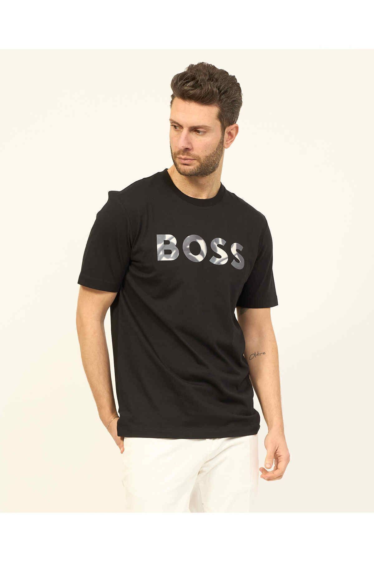 تی شرت مشکی مردانه گردن تختخواب مسطح به طور منظم آستین کوتاه 001 BOSS