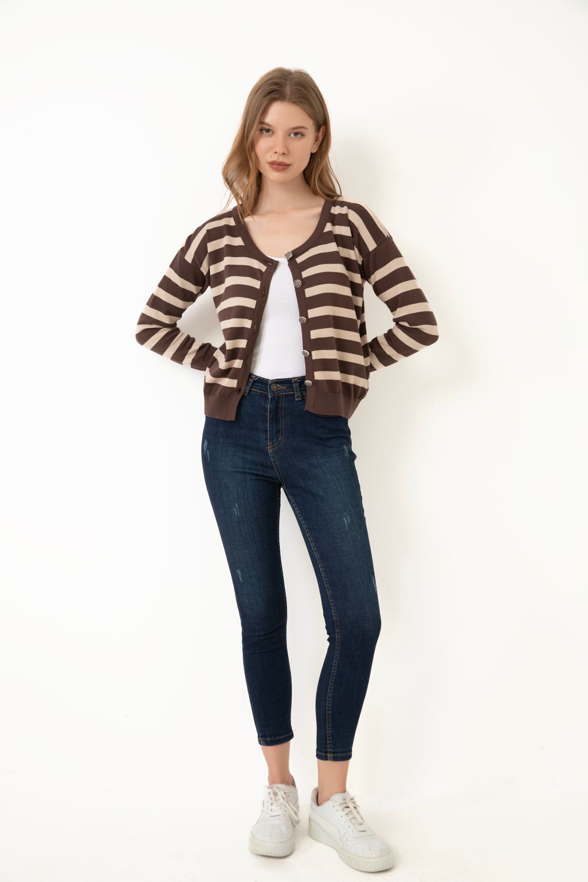 Give Way  Kadın Çizgili Triko Hırka (HEDİYE KUTULU)