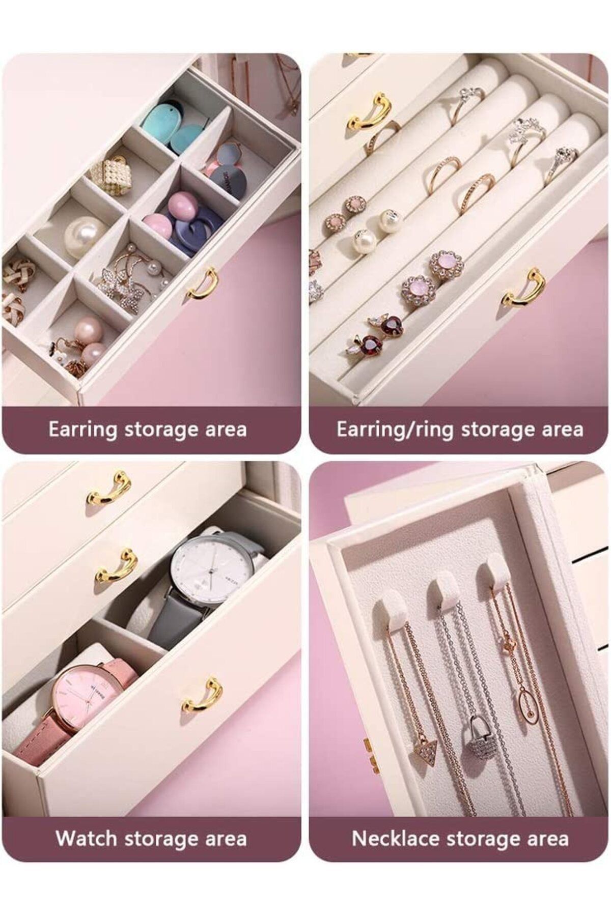 SheSee-Luxury Jewelry Earring Ring and Necklace Bracelet Watch Organizer - 24X20X18 Cm, Pu Leather and Suede Inside 6