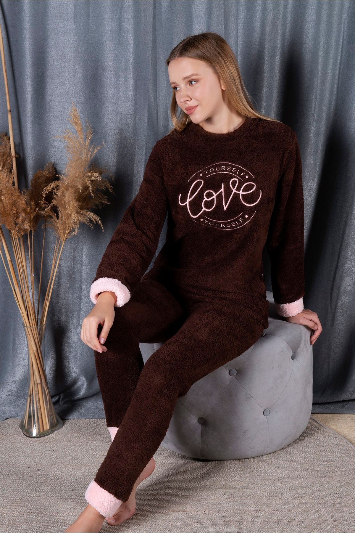 MyBen-Women's Brown Love Printed Cuffed Full Plush Pajama Set 30008 Plush 1
