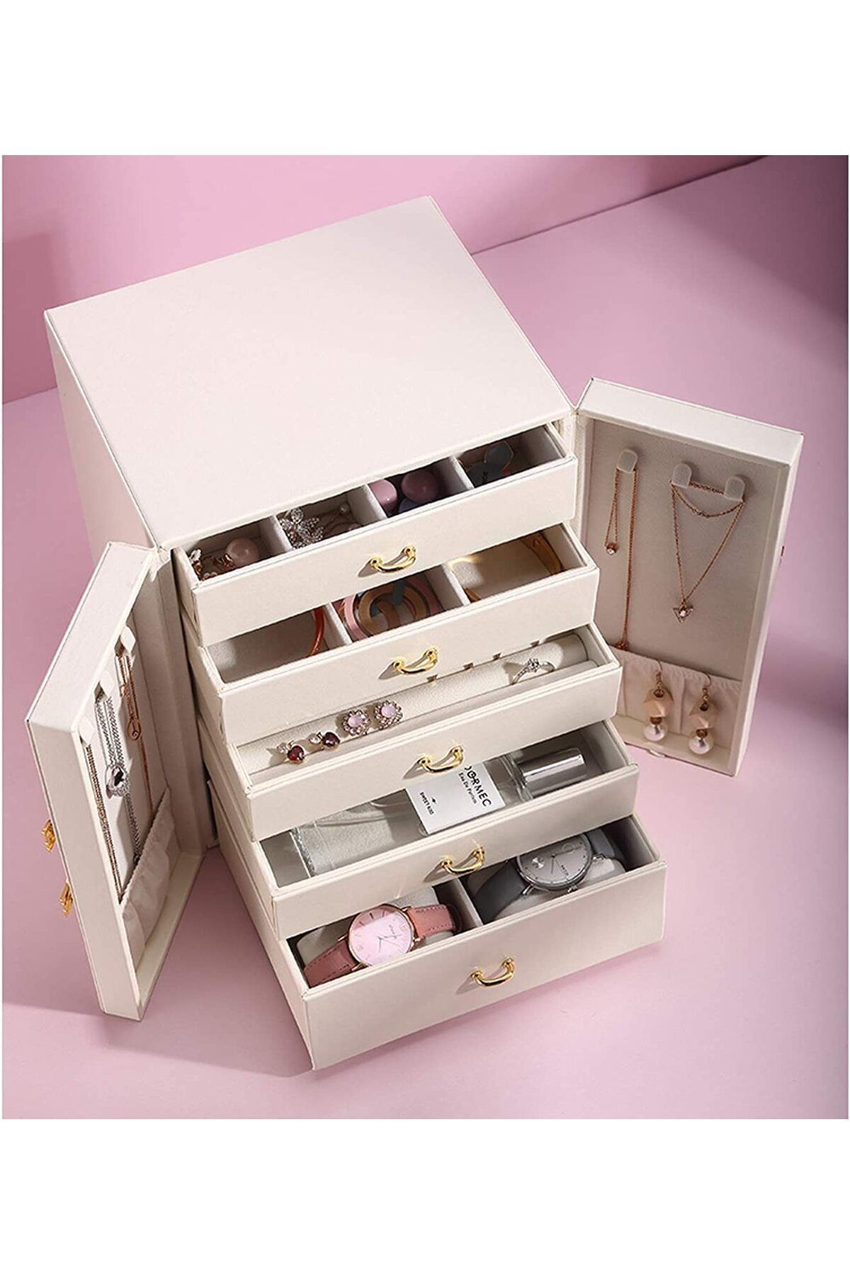 SheSee-Luxury Jewelry Earring Ring and Necklace Bracelet Watch Organizer - 24X20X18 Cm, Pu Leather and Suede Inside 3