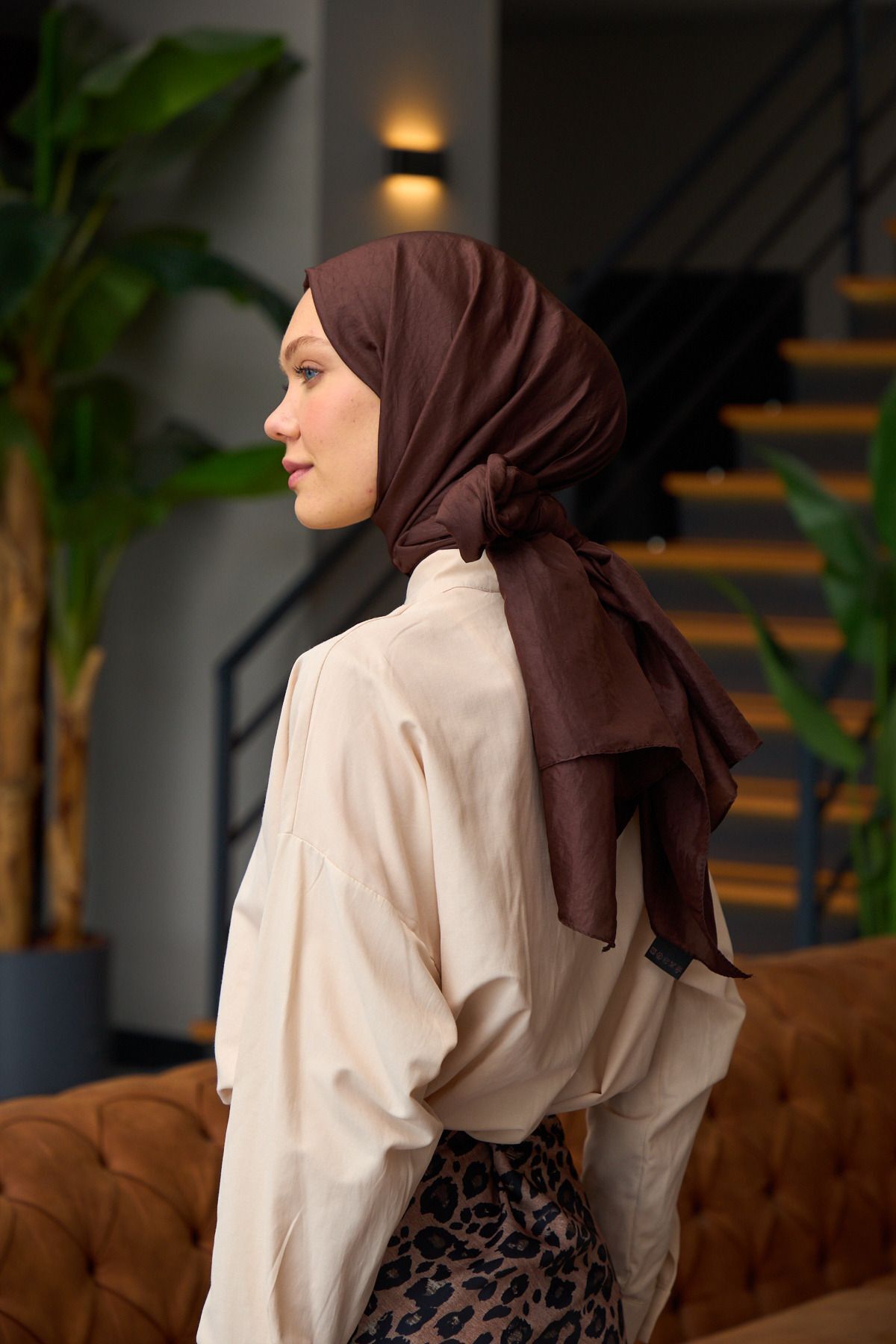 FRESCO SCARFS-Brown Silk Han Cotton Voile Shawl 5