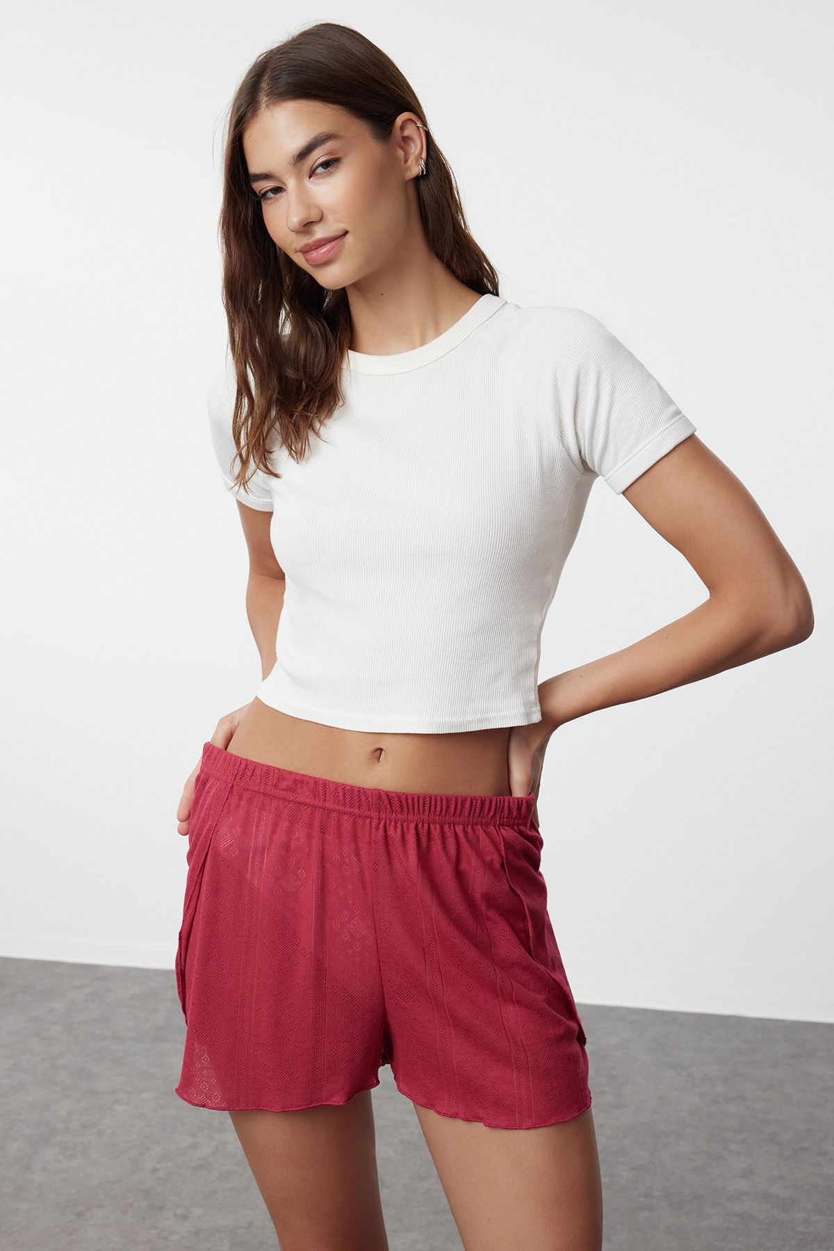Trendyol Collection-Pack of 2 Red and Pink Corded Knitted Pajama Bottoms - Ribbon/Bow Pattern THMSS24PJ00000 2