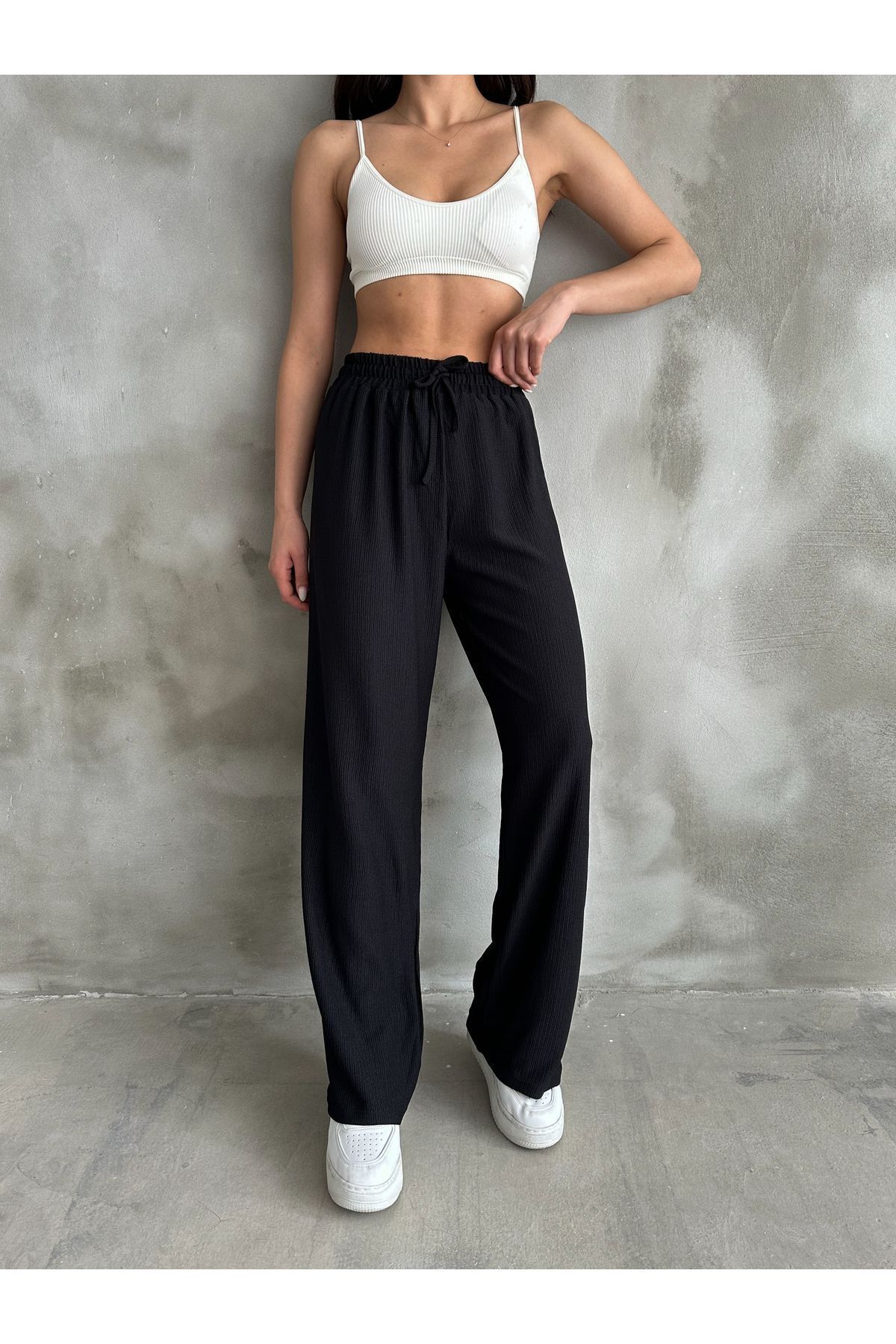 BEJNA-Schwarze Palazzo-Hose mit elastischem Bund für Damen 3