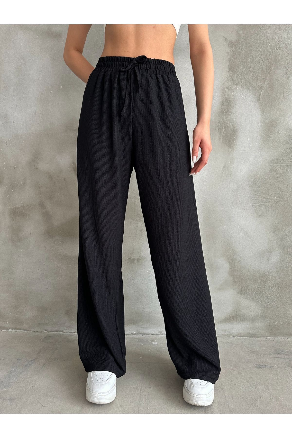 BEJNA-Schwarze Palazzo-Hose mit elastischem Bund für Damen 4