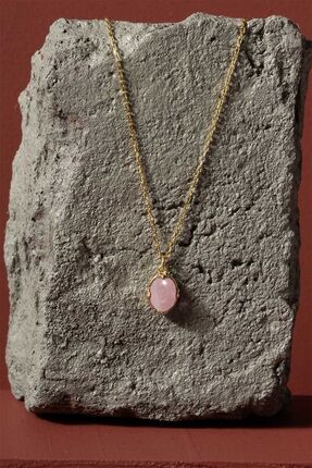 Takıdepo Pembe Kuvars Taşlı Minimal Gümüş Kadın Kolye-Altın Rengi