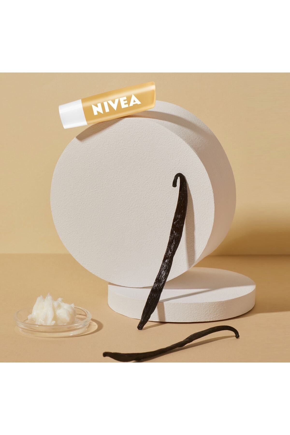 NIVEA بالم مراقبت لبهای وانیلی 4.8 گرم، مرطوب کننده 24 ساعته، بوی وانیل، روغن‌های طبیعی