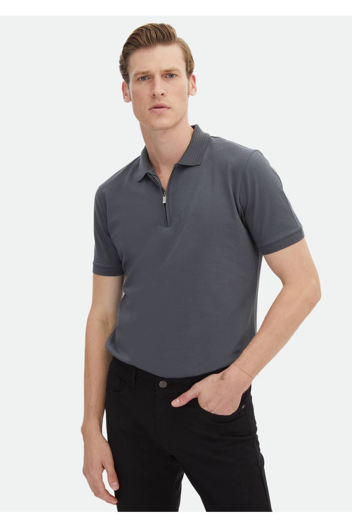 Ramsey Dark Gray Polo Collar 100 Cotton T Shirt Trendyol