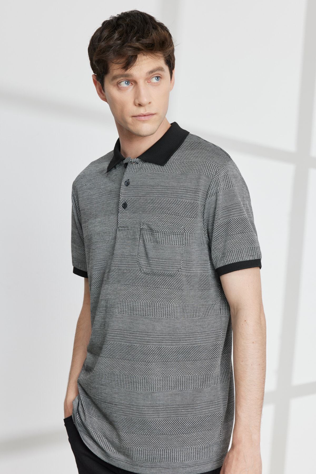 ALTINYILDIZ CLASSICS Męski, Czarny, Wygodny, Żakardowy T-shirt Polo Z Dekoltem W Serek Mężczyzna - M