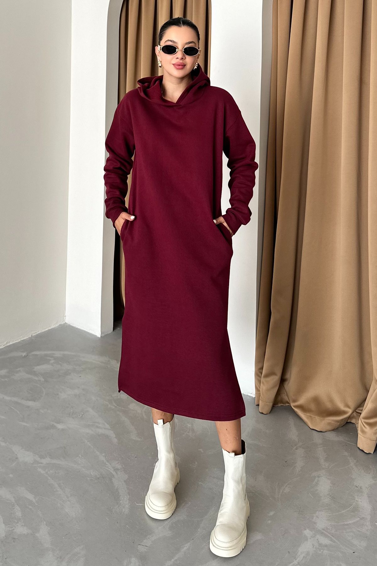 MODAGEN Burgundy Long Hooded Women s Dress Trendyol