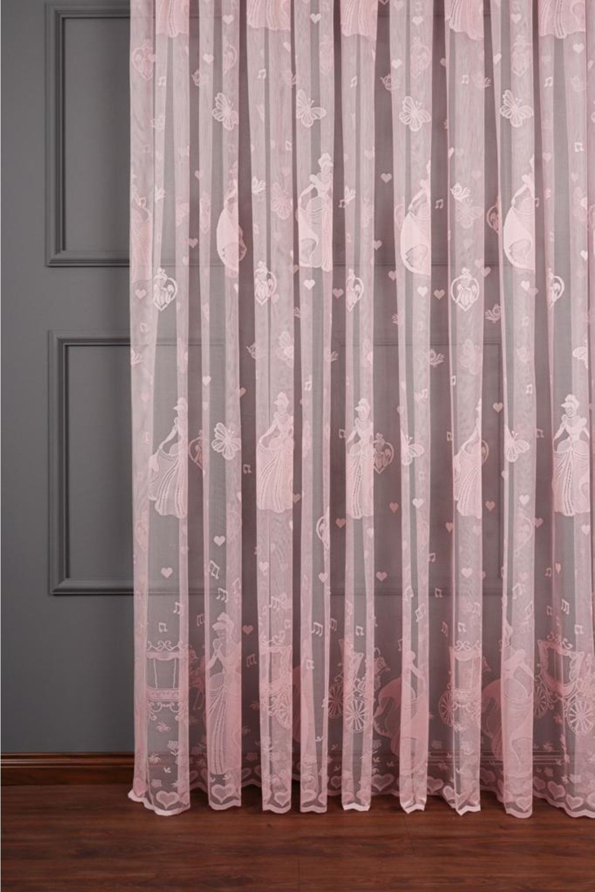elision home-Cinderella Pattern Pink Knitted Tulle Curtain, 350 X 250cm, 1/2 Sparse Pleat 4