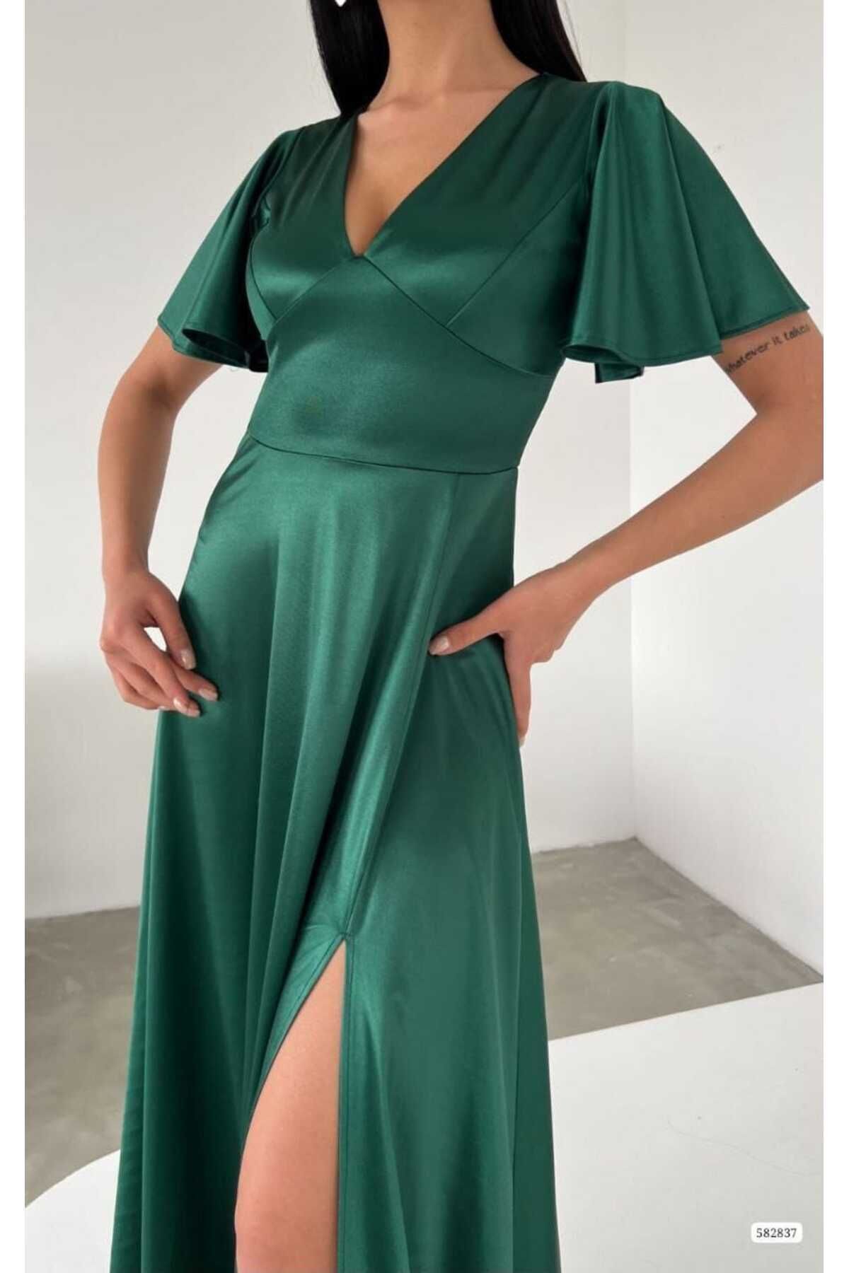 dükkan10butika-Rochie de seară verde smarald pentru femei - rochie lungă, despicată, cu mâneci liliac, decolteu în V, fără spate, rochie de logodnă și de nuntă 3