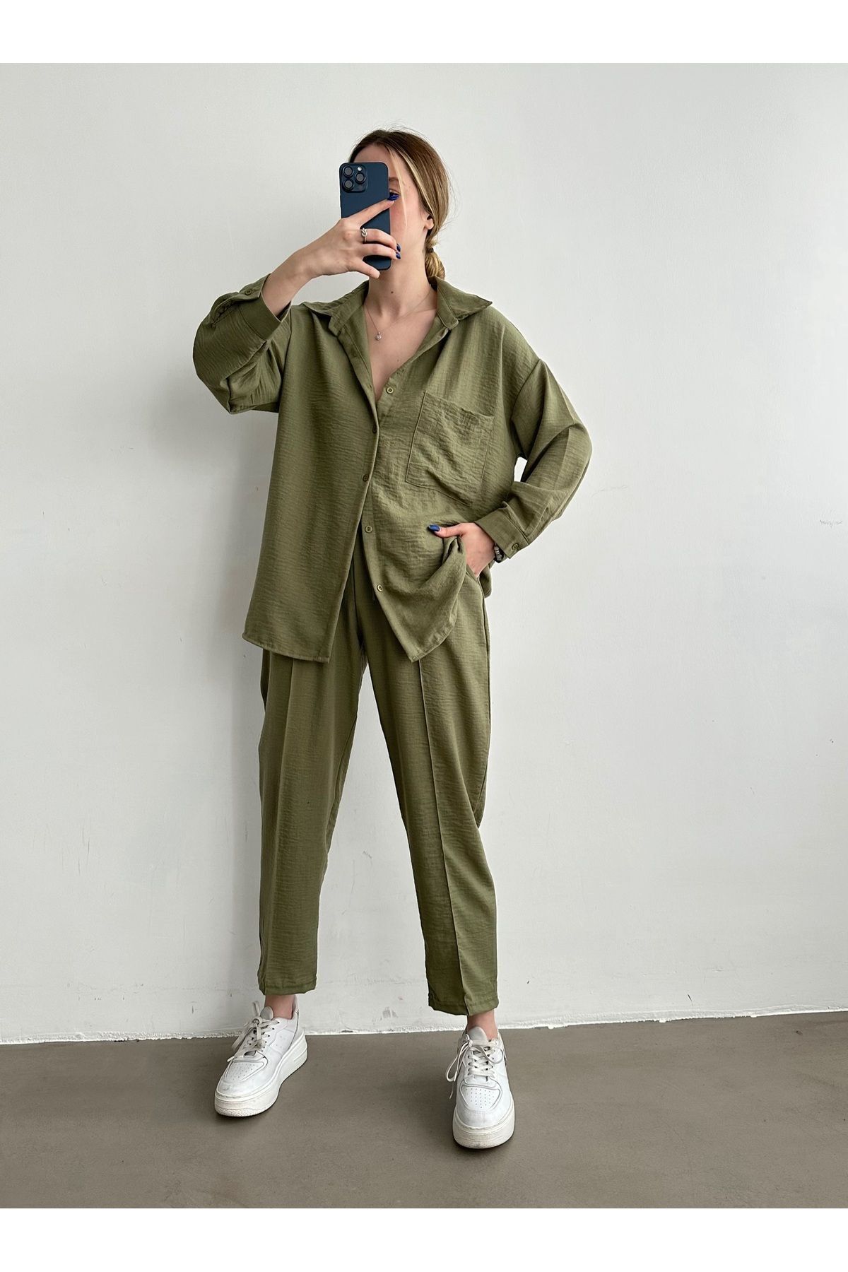 BEJNA Dámská khaki oversize lněná košile set kalhoty horní a spodní