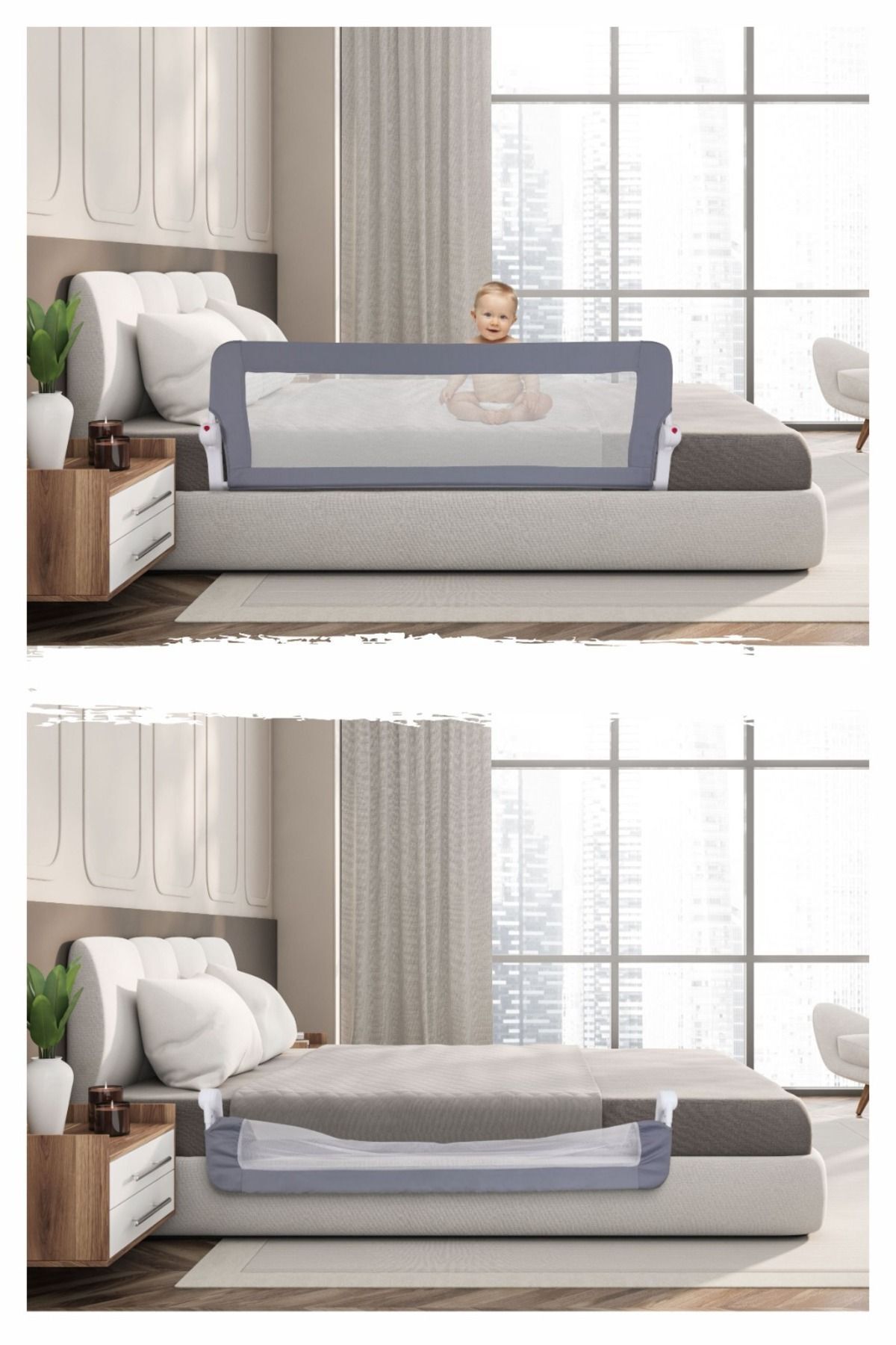 Bebeck 150cm. Gri , Katlanabilir, Yatak Bariyeri 150 Cm. Bariyer