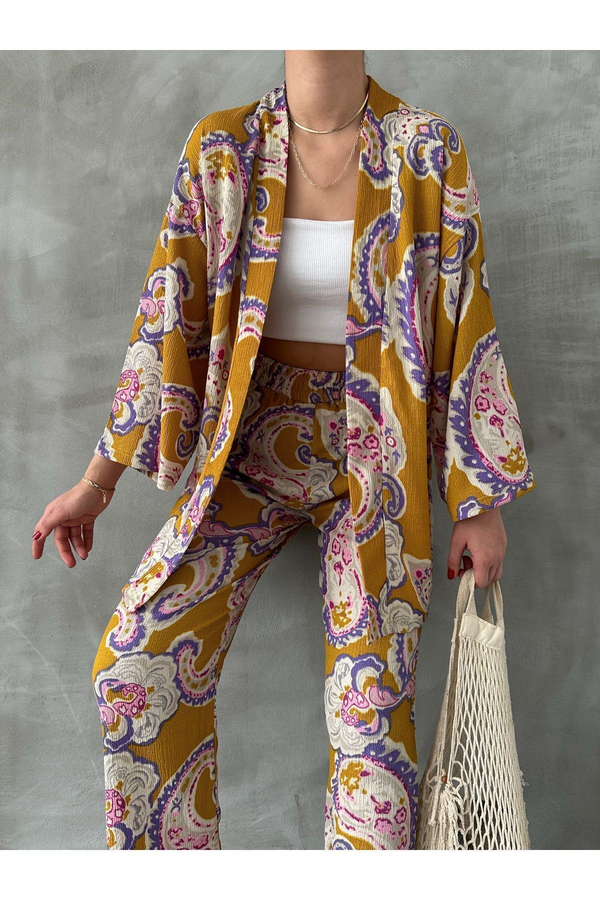 BEJNA-Senfgelbes Kimono-Oberteil und Unterteil mit ethnischem Muster für Damen 2
