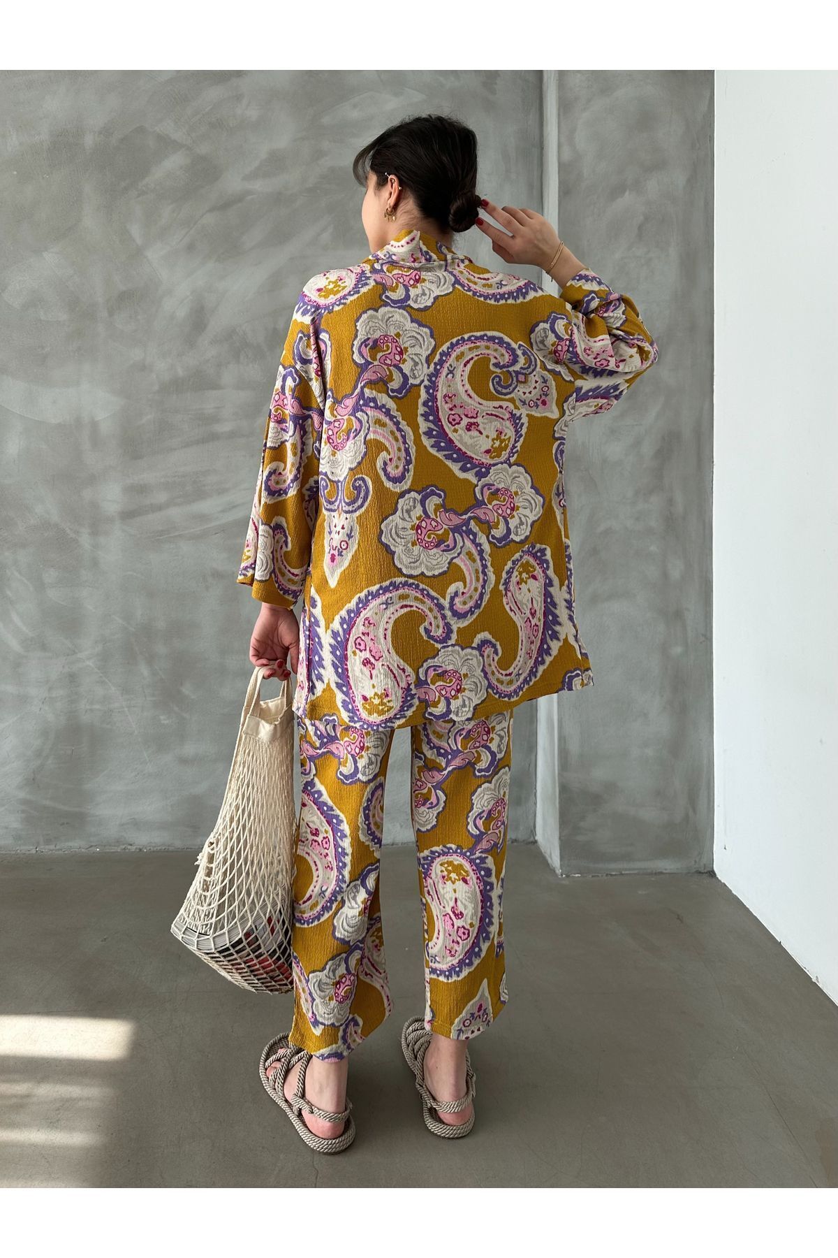 BEJNA-Senfgelbes Kimono-Oberteil und Unterteil mit ethnischem Muster für Damen 3