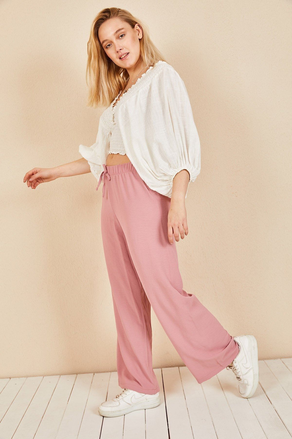 Moda Bu-Pantaloni de vară largi, cu talie pudrată, cu picioare largi, Aerobin- 865829 2