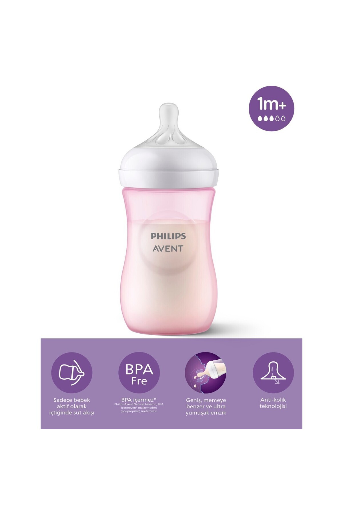 Philips Avent Natural Response PP Pembe Biberon 1+ Ay 260 ml SCY903/11 fotoğrafı 3 (önizleme)