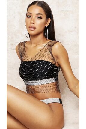 Âlâ Atelier Trend Parlak Kristal Taşlı File V Yaka Büstiyer Crop Bluz