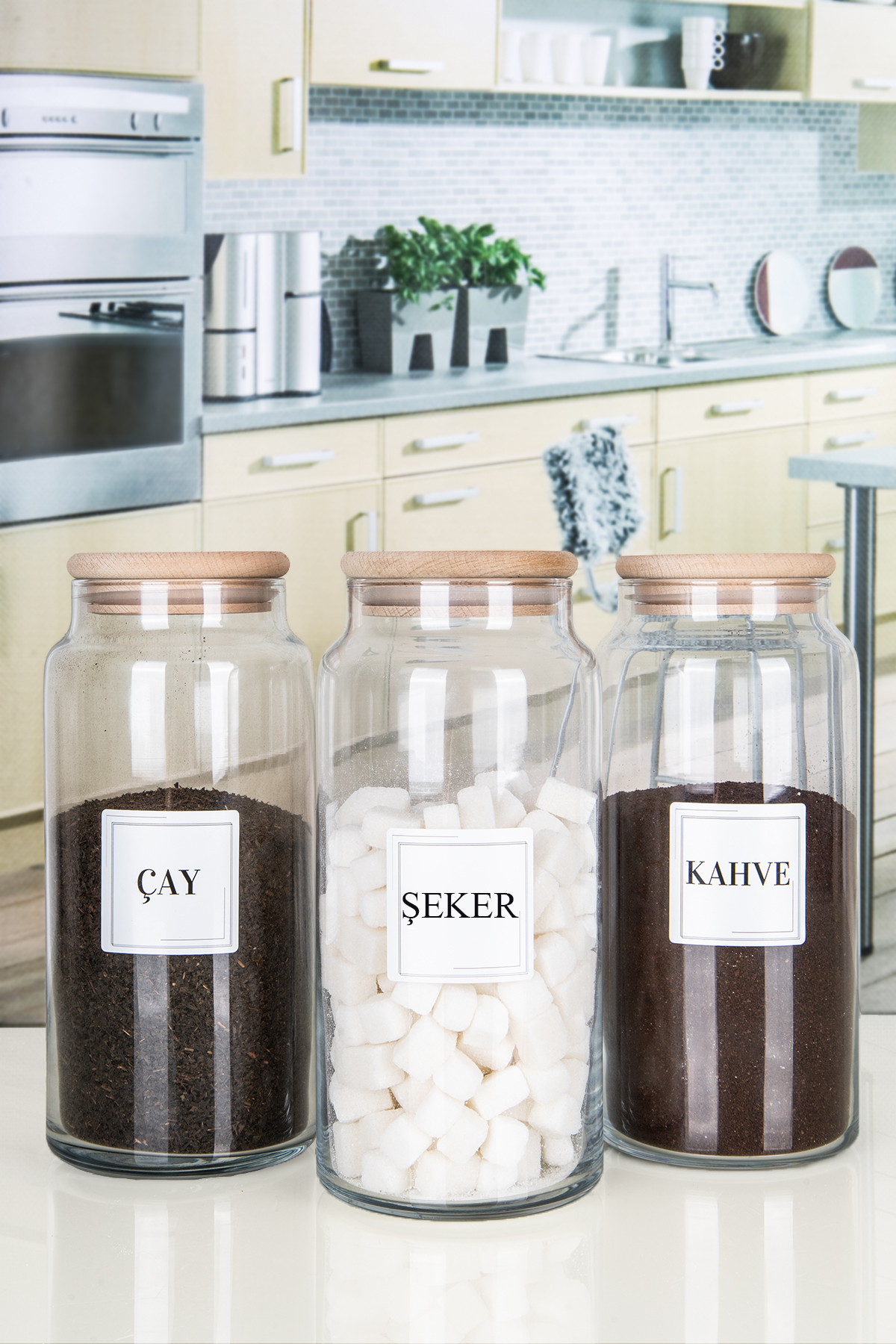 Lizzy 3'lü Ahşap VAKUMLU Kapaklı Çay Şeker Kahve Tuz Kavanozu Cam