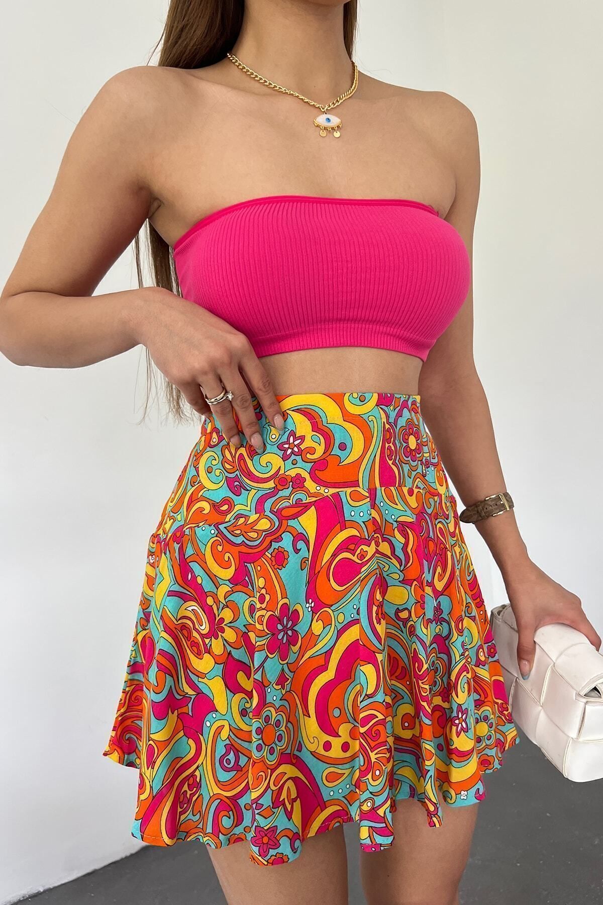 Women's Blue Orange Viscose Fabric Summer Shorts Skirt 1905