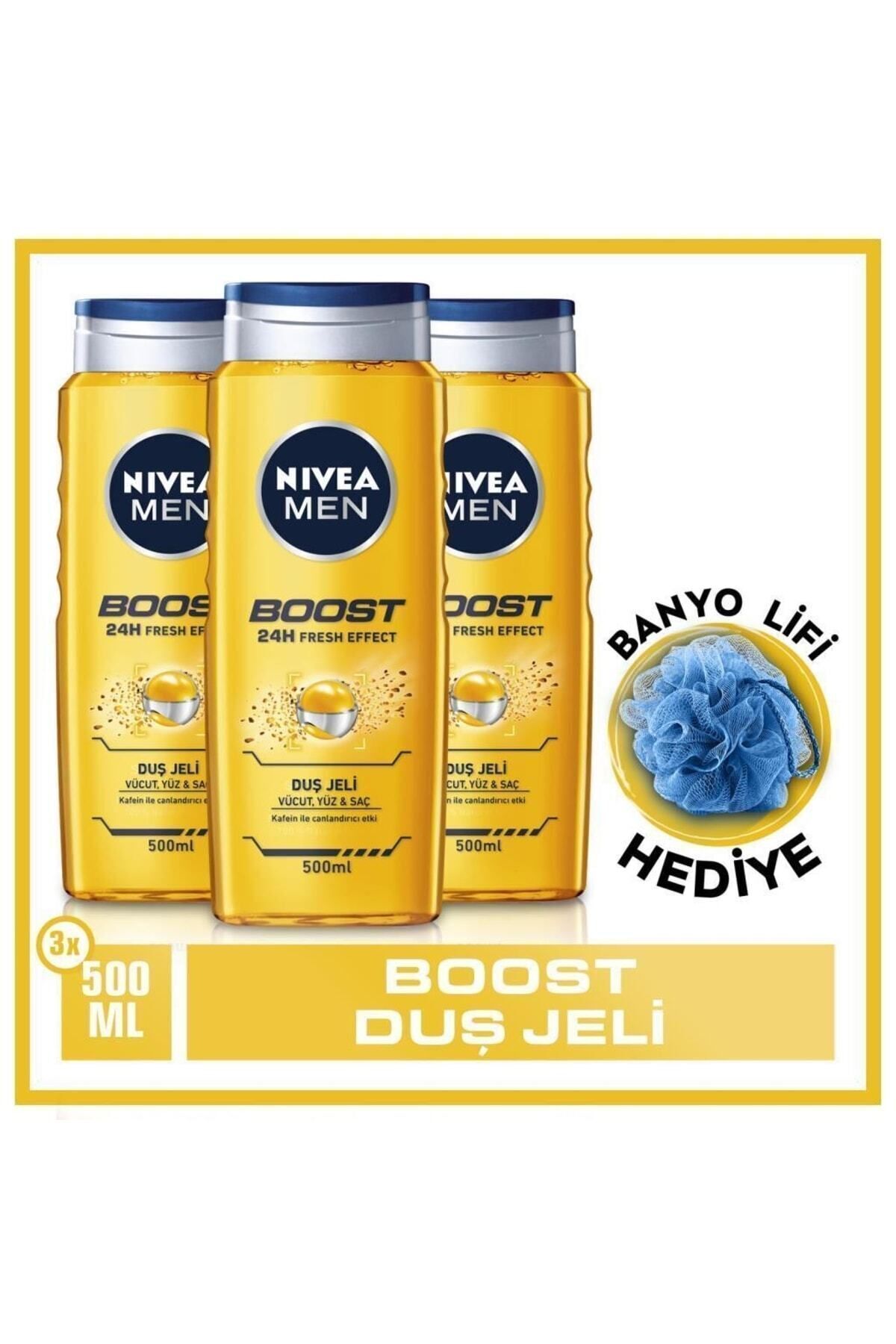 NIVEA Men Boost Duş Jeli,vücut,yüz Ve Saç Şampuanı 3x500ml + Banyo