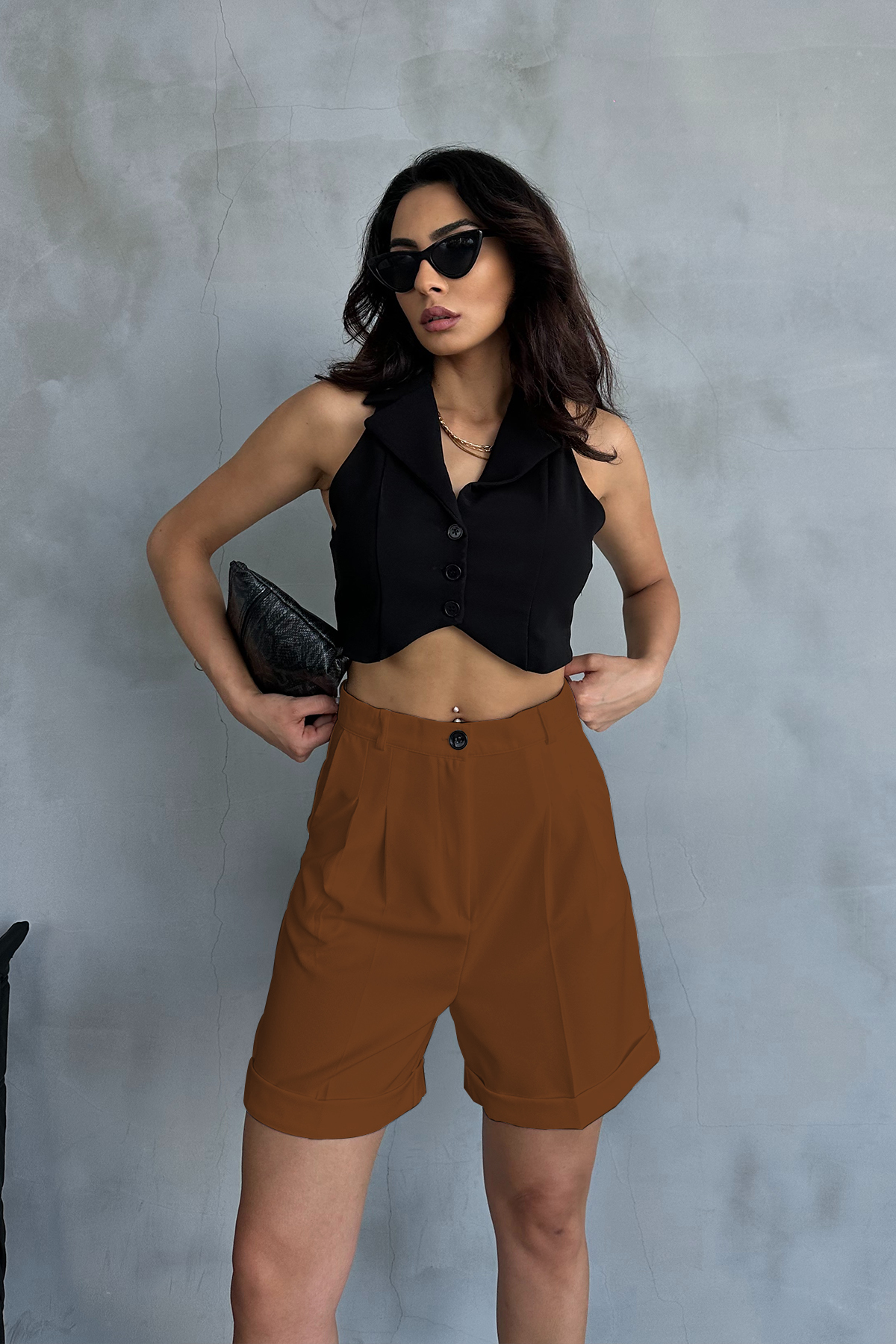 Light Brown Double Leg Pleated Fabric Palazzo Shorts