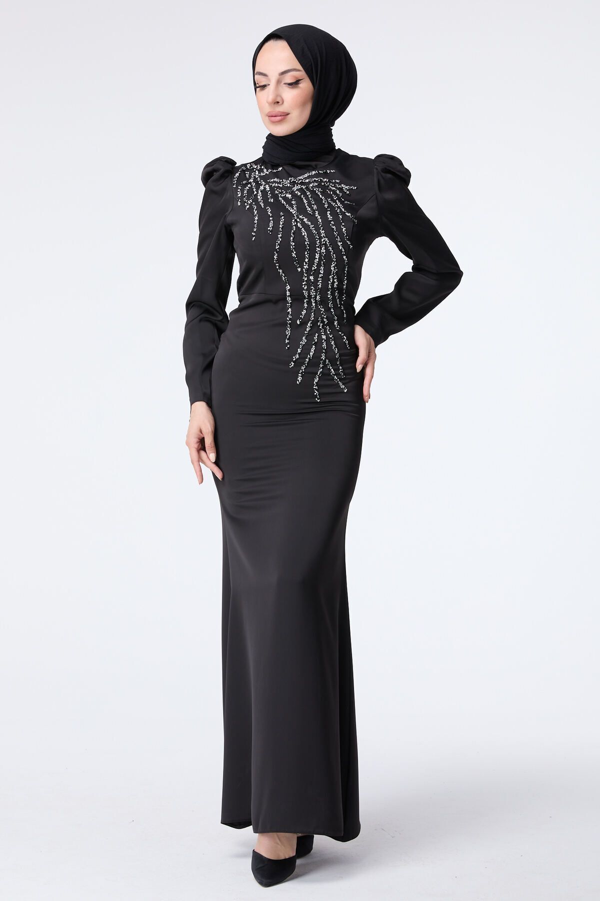 TOFİSA-Schwarzes Abendkleid für Damen mit Hakim-Kragen - 23429 2